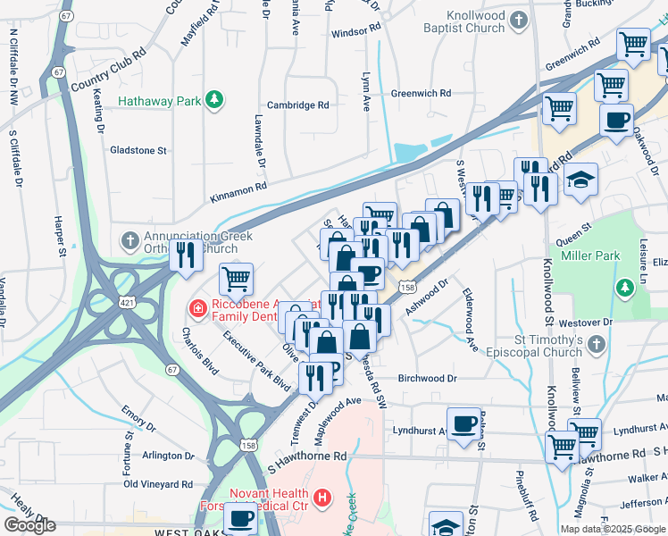 map of restaurants, bars, coffee shops, grocery stores, and more near 303 Mill Street in Winston-Salem
