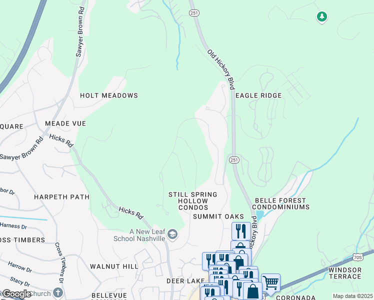 map of restaurants, bars, coffee shops, grocery stores, and more near 7199 Still Spring Hollow Drive in Nashville