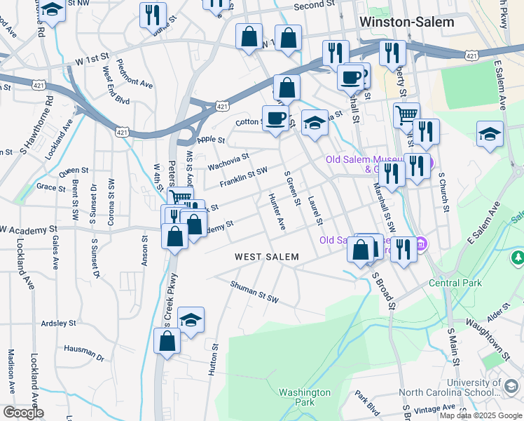map of restaurants, bars, coffee shops, grocery stores, and more near 512 Granville Drive Southwest in Winston-Salem