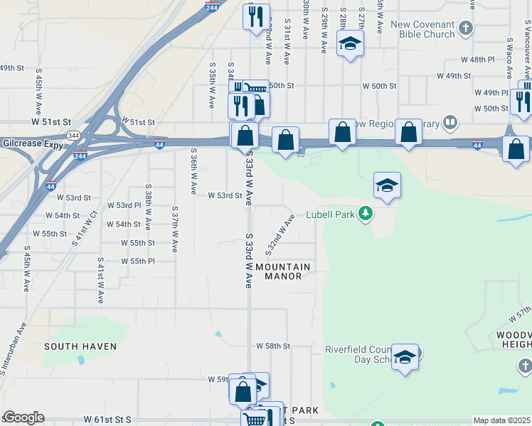 map of restaurants, bars, coffee shops, grocery stores, and more near 5310 S 32nd W Pl in Tulsa