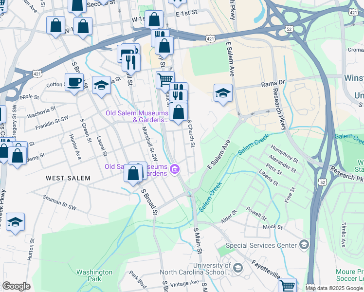 map of restaurants, bars, coffee shops, grocery stores, and more near 800 South Main Street in Winston-Salem