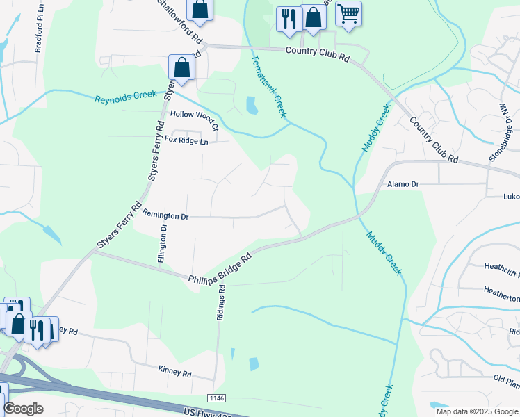 map of restaurants, bars, coffee shops, grocery stores, and more near 5733 Remington Drive in Winston-Salem