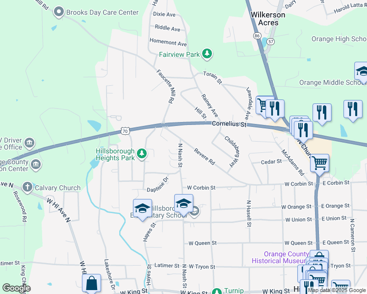 map of restaurants, bars, coffee shops, grocery stores, and more near 564 North Nash Street in Hillsborough