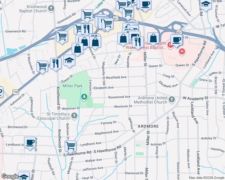 map of restaurants, bars, coffee shops, grocery stores, and more near 2352 Elizabeth Avenue in Winston-Salem