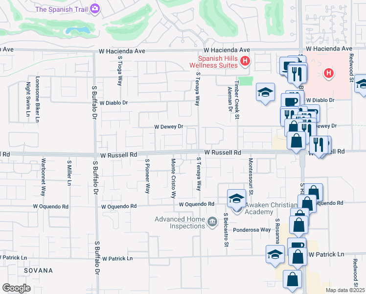 map of restaurants, bars, coffee shops, grocery stores, and more near 7316 West Russell Road in Las Vegas
