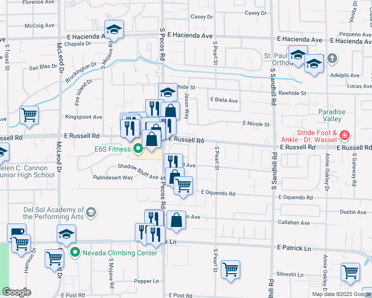 map of restaurants, bars, coffee shops, grocery stores, and more near 3425 East Russell Road in Las Vegas