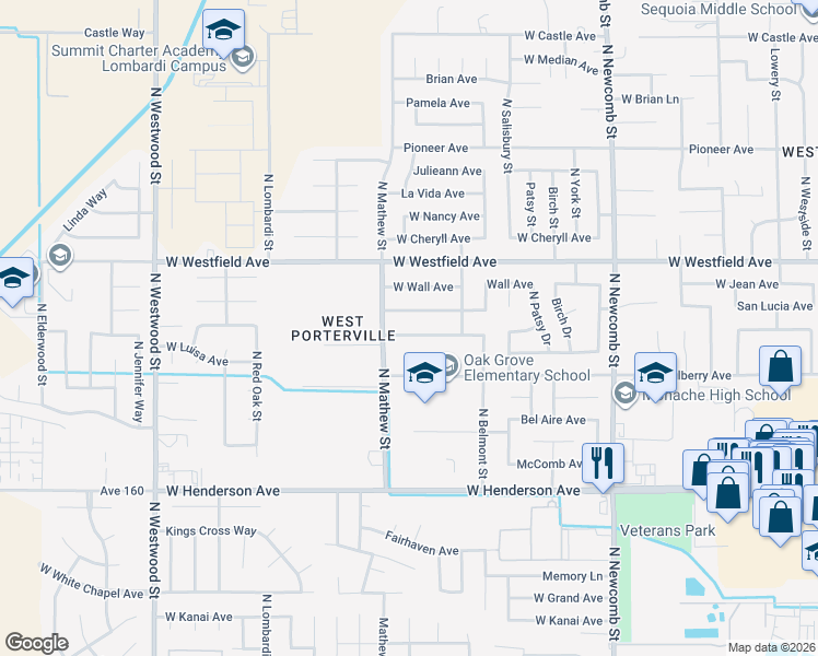 map of restaurants, bars, coffee shops, grocery stores, and more near 1968 West Monache Avenue in Porterville