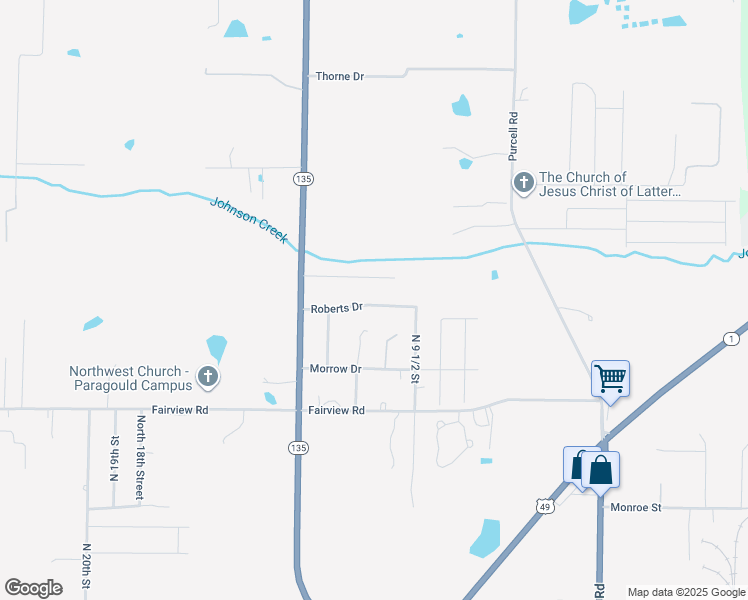 map of restaurants, bars, coffee shops, grocery stores, and more near 1113 Roberts Drive in Paragould