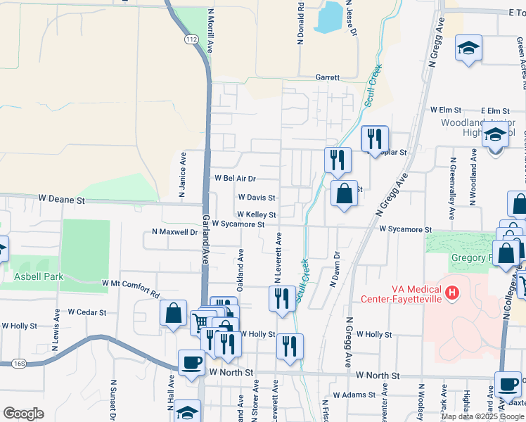 map of restaurants, bars, coffee shops, grocery stores, and more near 840 West Kelley Street in Fayetteville