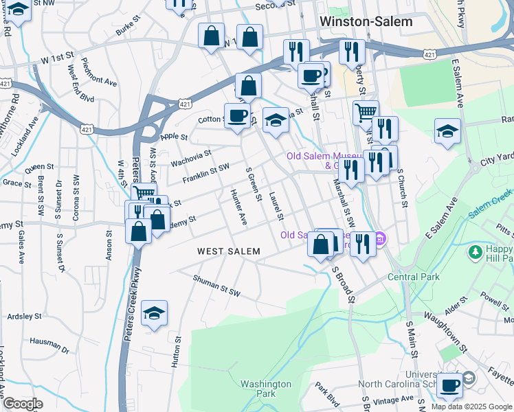 map of restaurants, bars, coffee shops, grocery stores, and more near 618 Green Street South in Winston-Salem