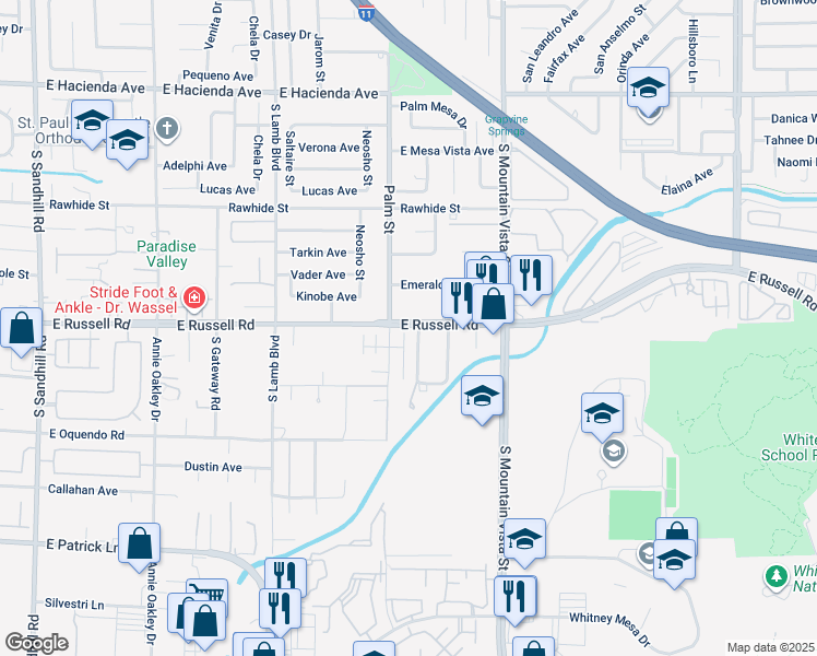 map of restaurants, bars, coffee shops, grocery stores, and more near 147-35 Villa Way in Las Vegas