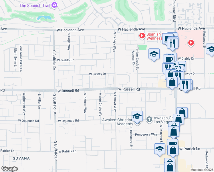 map of restaurants, bars, coffee shops, grocery stores, and more near 7316 West Russell Road in Las Vegas