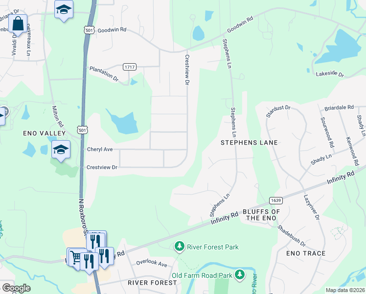 map of restaurants, bars, coffee shops, grocery stores, and more near 402 Crestview Drive in Durham