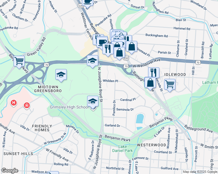 map of restaurants, bars, coffee shops, grocery stores, and more near 1102 Westover Terrace in Greensboro