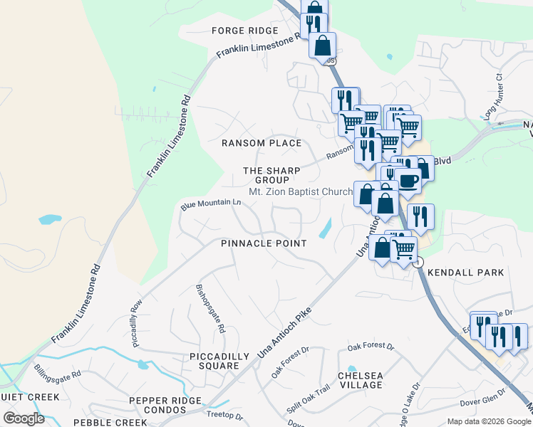 map of restaurants, bars, coffee shops, grocery stores, and more near 920 Blue Mountain Lane in Nashville