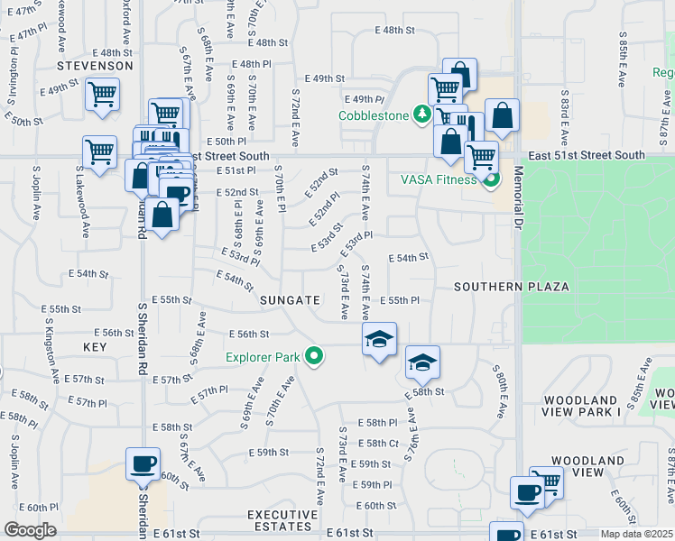 map of restaurants, bars, coffee shops, grocery stores, and more near 7164 East 53rd Place in Tulsa