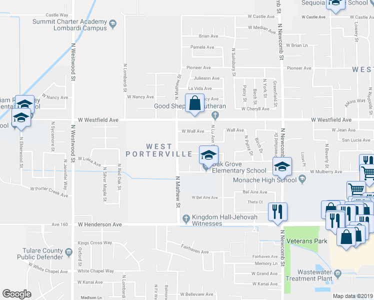map of restaurants, bars, coffee shops, grocery stores, and more near 1968 West Monache Avenue in Porterville