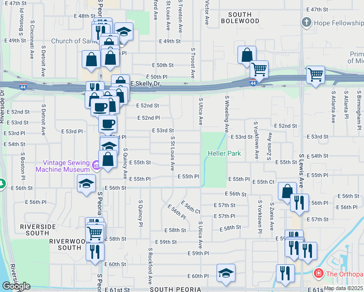 map of restaurants, bars, coffee shops, grocery stores, and more near 1618 E 54th St in Tulsa
