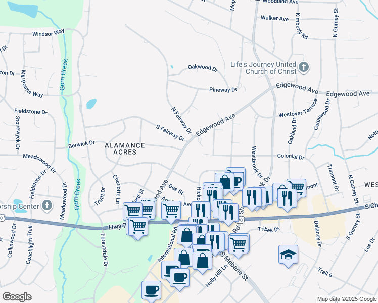 map of restaurants, bars, coffee shops, grocery stores, and more near 2520 Edgewood Avenue in Burlington