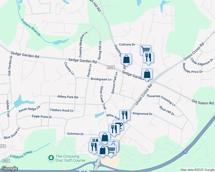 map of restaurants, bars, coffee shops, grocery stores, and more near 135 Drawbridge Court in Kernersville