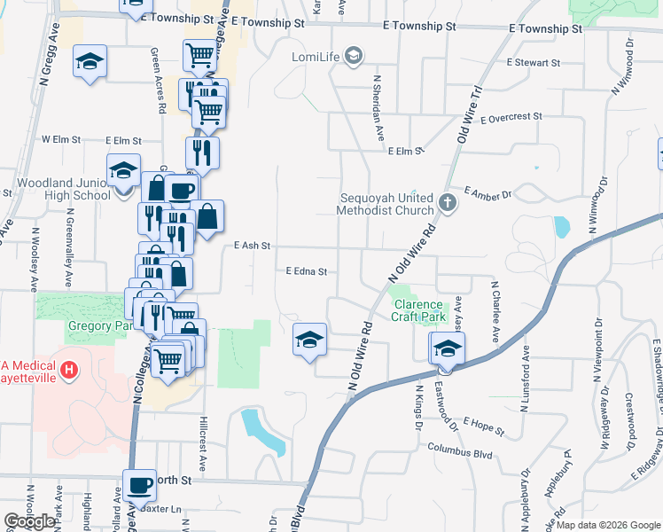 map of restaurants, bars, coffee shops, grocery stores, and more near 732 East Edna Street in Fayetteville