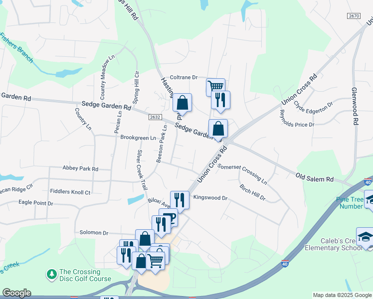 map of restaurants, bars, coffee shops, grocery stores, and more near 1112 Mayview Court in Kernersville