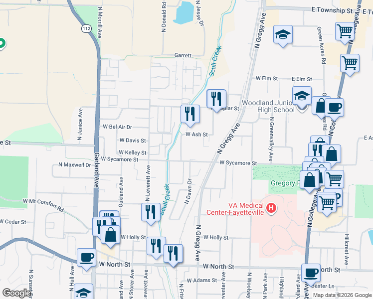 map of restaurants, bars, coffee shops, grocery stores, and more near 622 West Sycamore Street in Fayetteville