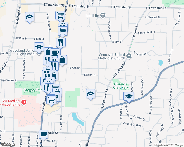 map of restaurants, bars, coffee shops, grocery stores, and more near 732 East Edna Street in Fayetteville