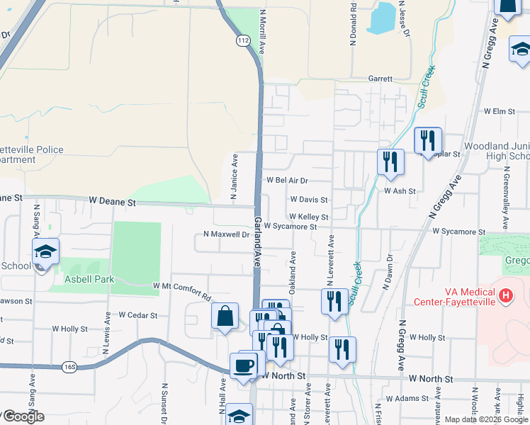 map of restaurants, bars, coffee shops, grocery stores, and more near 1731 North Noelle Avenue in Fayetteville