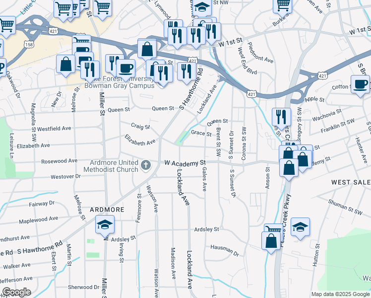 map of restaurants, bars, coffee shops, grocery stores, and more near 1838 Elizabeth Avenue in Winston-Salem
