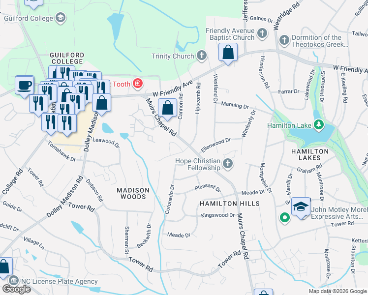 map of restaurants, bars, coffee shops, grocery stores, and more near 703 Muirs Chapel Road in Greensboro