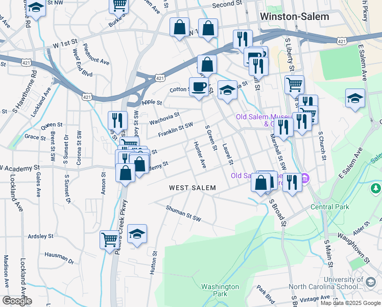 map of restaurants, bars, coffee shops, grocery stores, and more near 610 Hunter Avenue in Winston-Salem