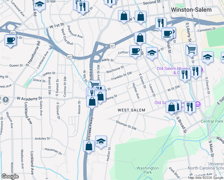 map of restaurants, bars, coffee shops, grocery stores, and more near 1052 Bank Street Southwest in Winston-Salem