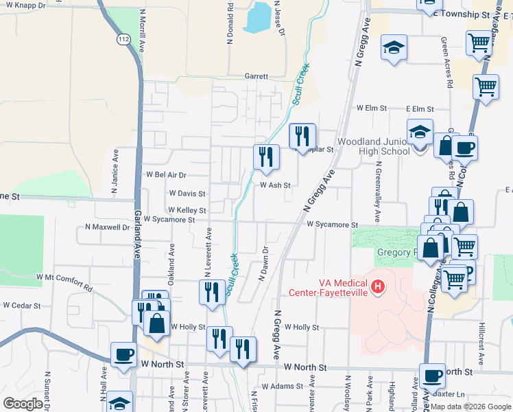 map of restaurants, bars, coffee shops, grocery stores, and more near 622 West Sycamore Street in Fayetteville