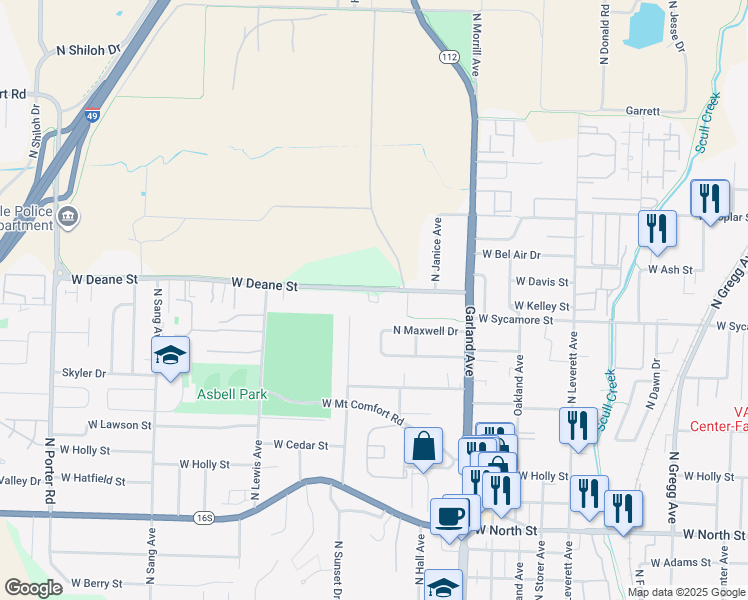 map of restaurants, bars, coffee shops, grocery stores, and more near 1421 West Deane Street in Fayetteville
