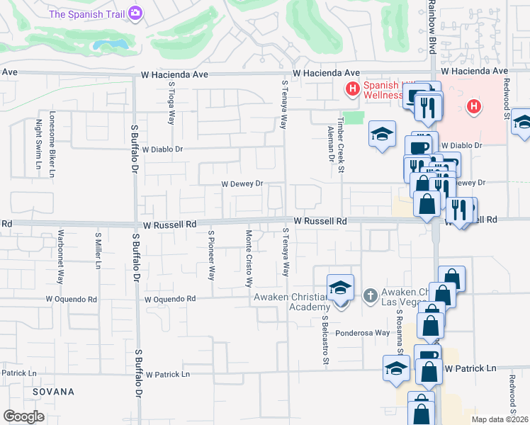 map of restaurants, bars, coffee shops, grocery stores, and more near 7316 West Russell Road in Las Vegas