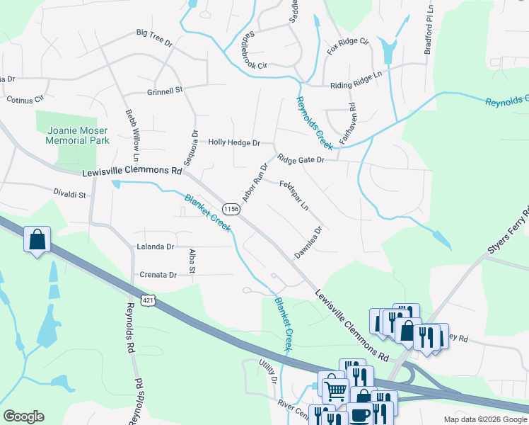 map of restaurants, bars, coffee shops, grocery stores, and more near 995 Lewisville Clemmons Road in Lewisville