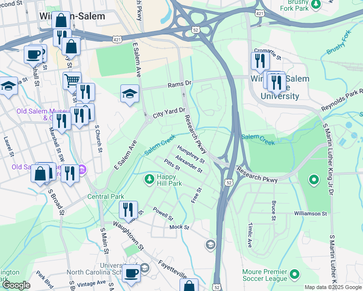 map of restaurants, bars, coffee shops, grocery stores, and more near 509 Humphrey Street in Winston-Salem