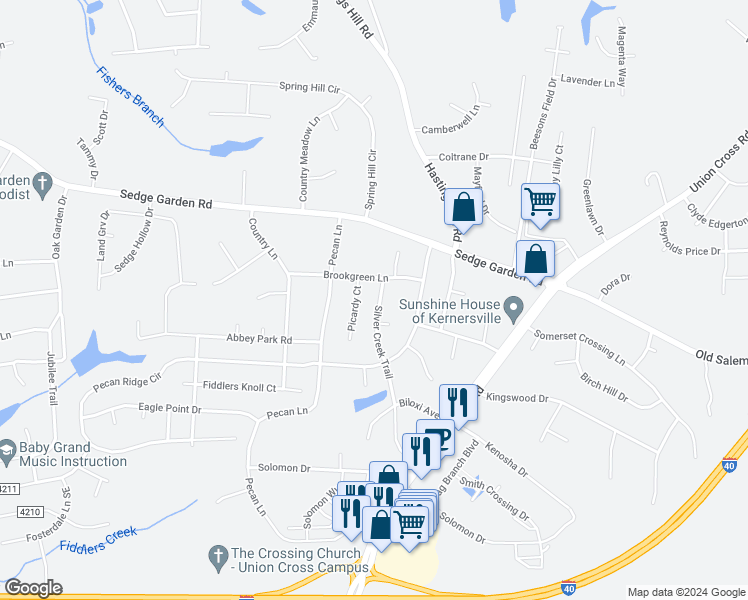 map of restaurants, bars, coffee shops, grocery stores, and more near 152 Silver Creek Trail in Kernersville