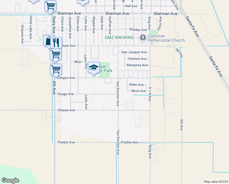 map of restaurants, bars, coffee shops, grocery stores, and more near 2030 5 1/2 Avenue in Corcoran