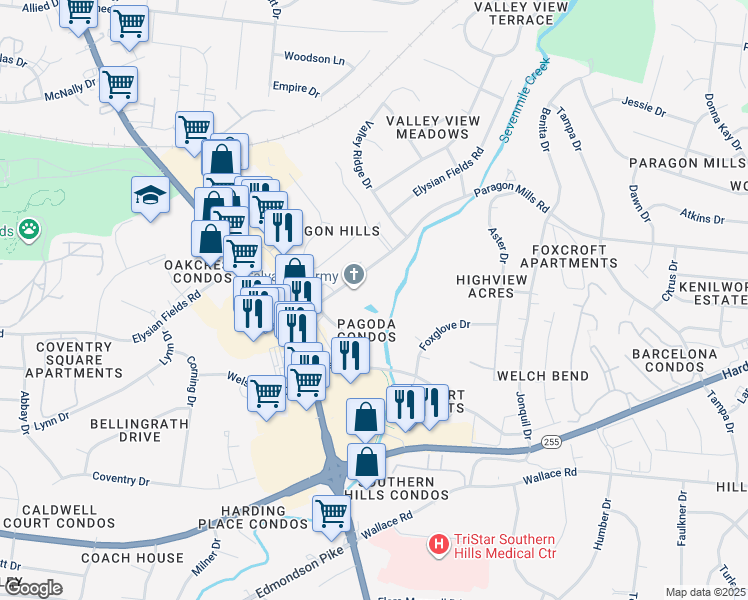 map of restaurants, bars, coffee shops, grocery stores, and more near 525 Paragon Mills Road in Nashville