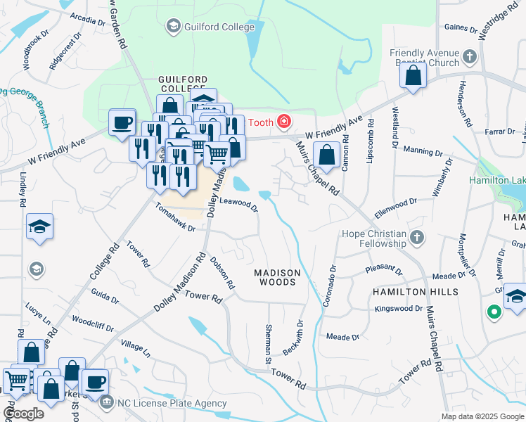 map of restaurants, bars, coffee shops, grocery stores, and more near 608 Leawood Drive in Greensboro