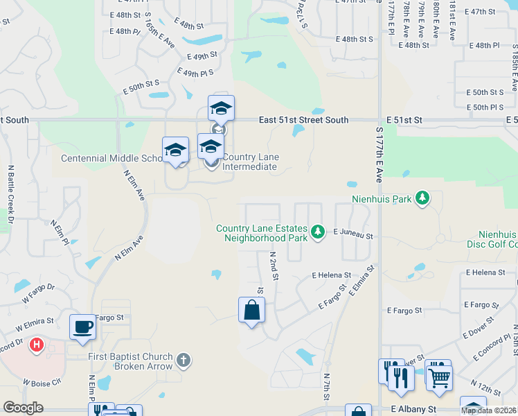 map of restaurants, bars, coffee shops, grocery stores, and more near 121 East Kansas Street in Broken Arrow