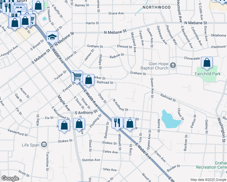 map of restaurants, bars, coffee shops, grocery stores, and more near 831 Stockard Street in Burlington