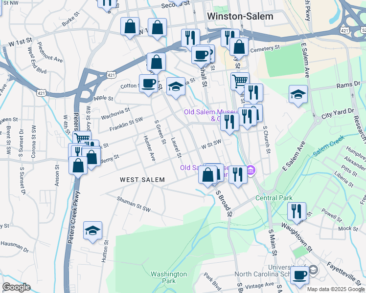 map of restaurants, bars, coffee shops, grocery stores, and more near 632 Mulberry Street Southwest in Winston-Salem