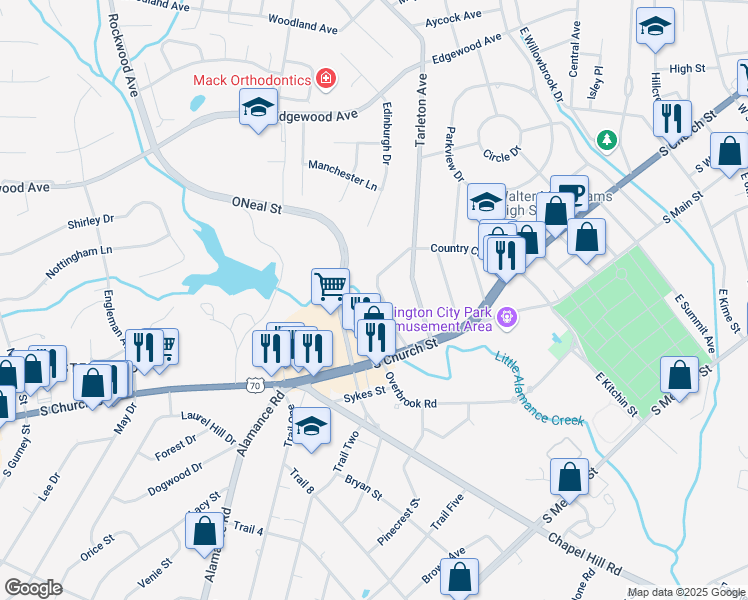 map of restaurants, bars, coffee shops, grocery stores, and more near 609 Country Club Drive in Burlington