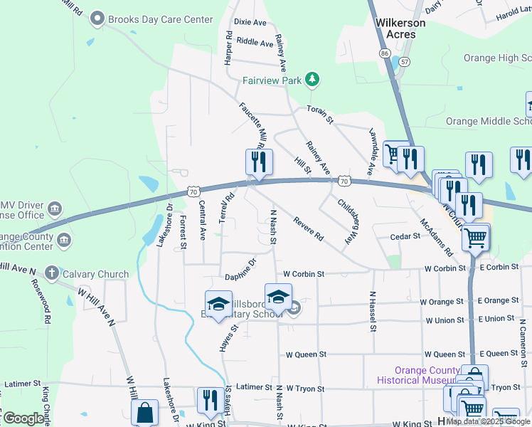 map of restaurants, bars, coffee shops, grocery stores, and more near 567 North Nash Street in Hillsborough