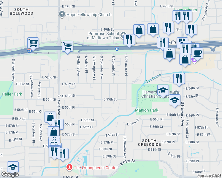 map of restaurants, bars, coffee shops, grocery stores, and more near 5317 South Columbia Place in Tulsa