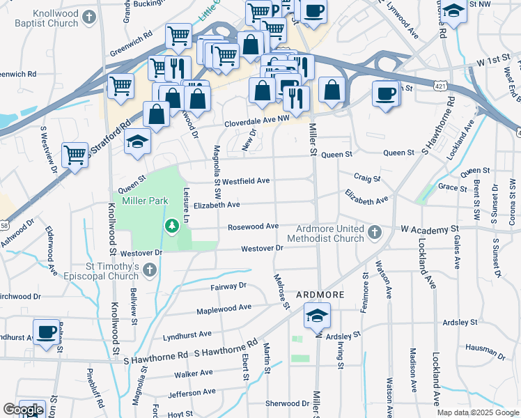map of restaurants, bars, coffee shops, grocery stores, and more near 2320 Elizabeth Avenue in Winston-Salem