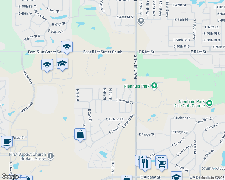 map of restaurants, bars, coffee shops, grocery stores, and more near 3325 North 5th Street in Broken Arrow